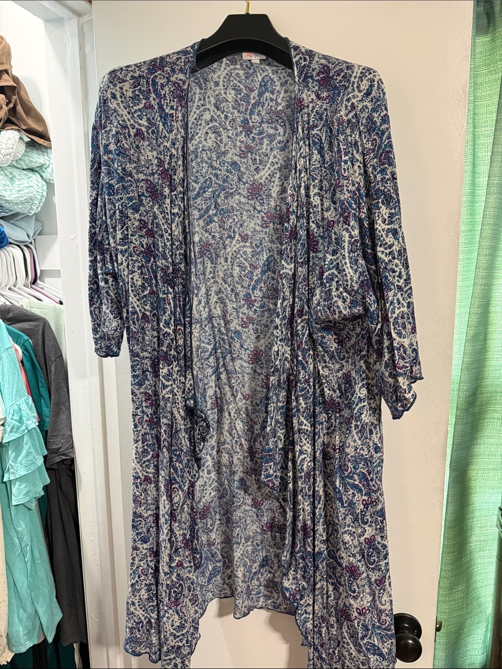 LuLaRoe Open Front Duster Cardigan in Blue, White & Purple Paisley